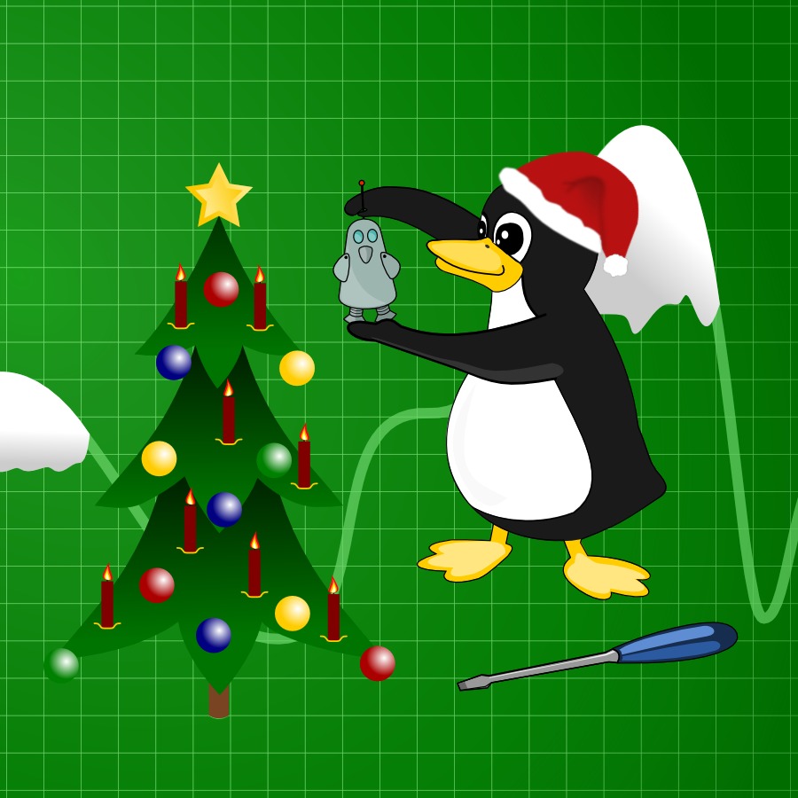 Grafik für das Adventsgewinnspiel, auf der der Pinguin eine rote Zipfelmütze trägt.